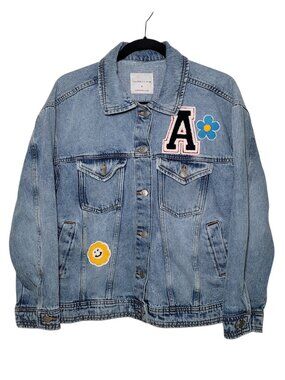 Celebrity Pink Oversized Patchwork Denim Jacket Distressed Womens Small Retro